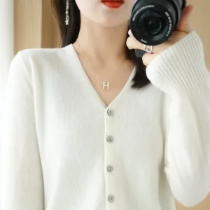 Autumn Winter Women Solid Color Button V-Neck Cardigan Sweater Jacket