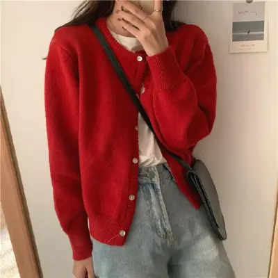 Autumn Winter Women Solid Color Long Sleeve Button Knitted Cardigan