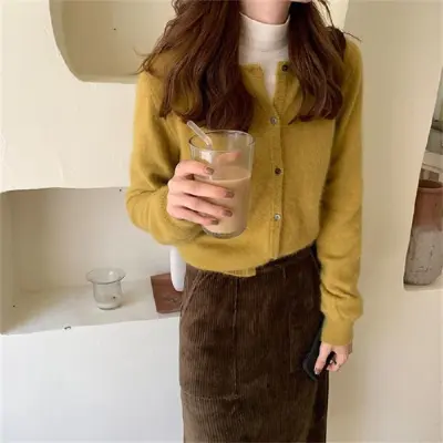 Autumn Winter Women Solid Color Long Sleeve Button Knitted Cardigan