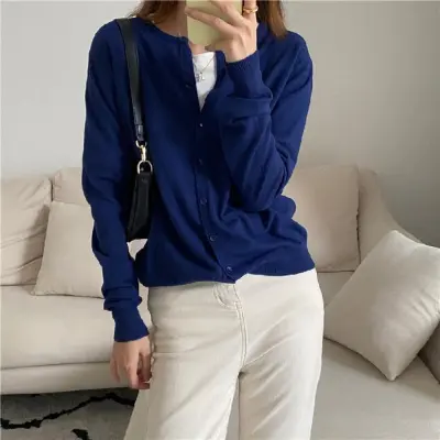 Autumn Winter Women Solid Color Long Sleeve Button Knitted Cardigan