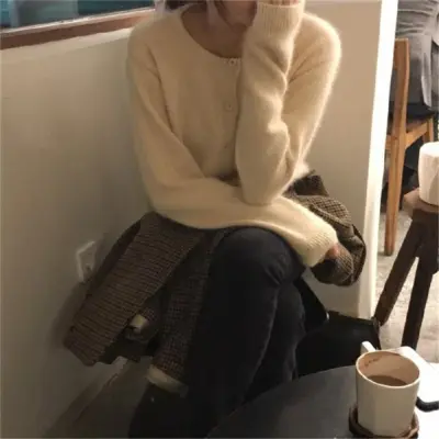 Autumn Winter Women Solid Color Long Sleeve Button Knitted Cardigan