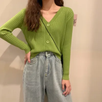 Spring Autumn Women Loose V-Neck Long-Sleeved Knitted Cardigan Jacket