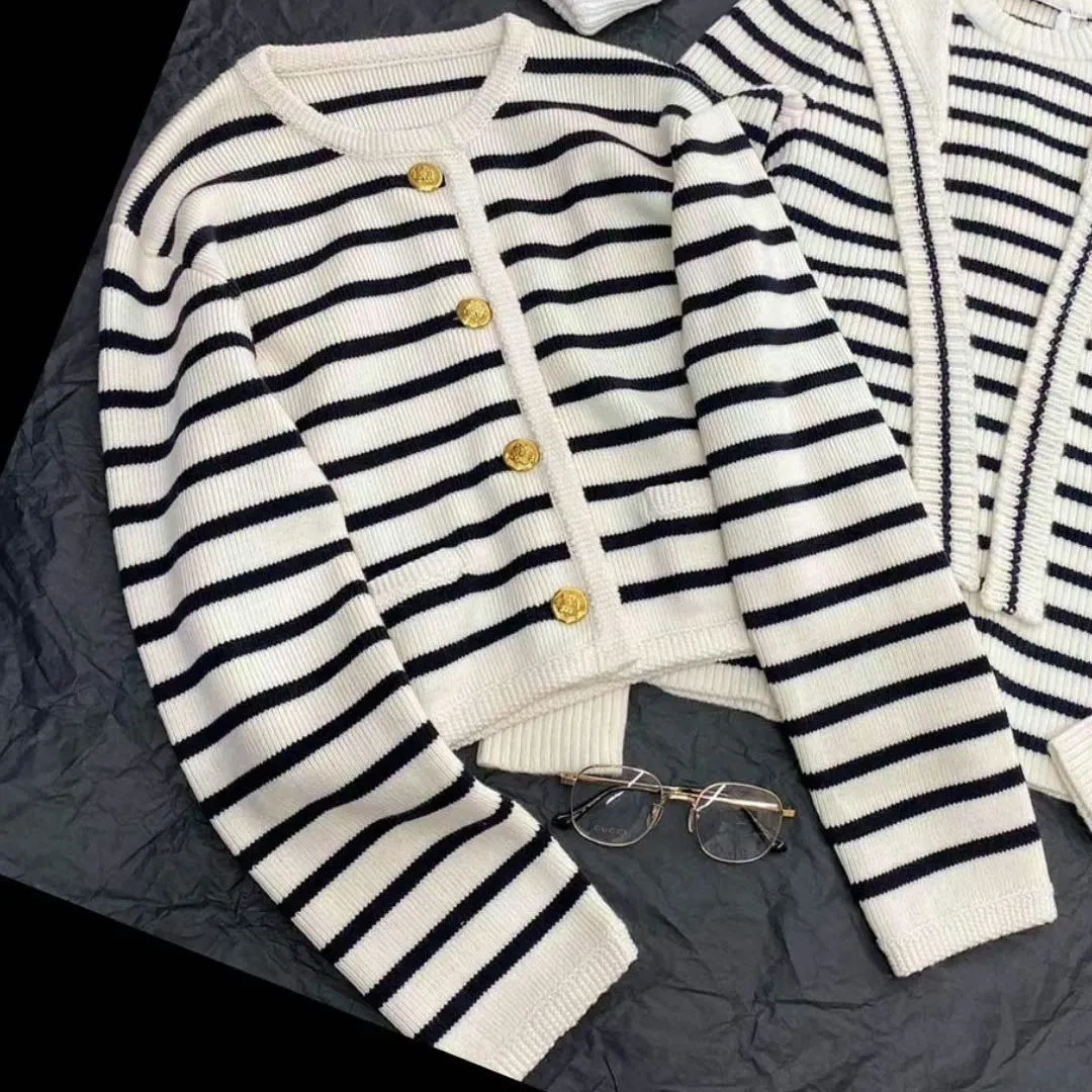 Spring Autumn Women Fashion Stripe Crewneck Long Sleeve Knitted Sweater Cardigan