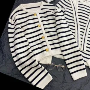 Spring Autumn Women Fashion Stripe Crewneck Long Sleeve Knitted Sweater Cardigan