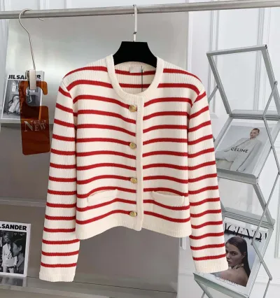 Spring Autumn Women Fashion Stripe Crewneck Long Sleeve Knitted Sweater Cardigan
