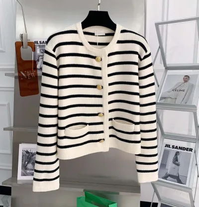 Spring Autumn Women Fashion Stripe Crewneck Long Sleeve Knitted Sweater Cardigan