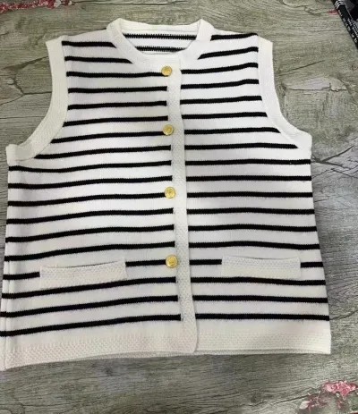 Spring Autumn Women Fashion Stripe Crewneck Long Sleeve Knitted Sweater Cardigan