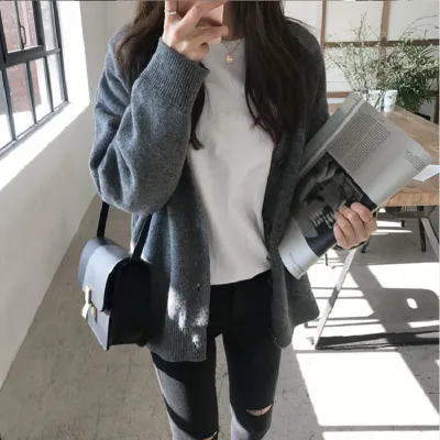 Autumn Winter Women Casual Solid Color Long Sleeve Loose Knitted Cardigan