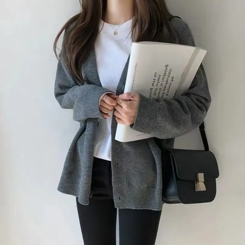Autumn Winter Women Casual Solid Color Long Sleeve Loose Knitted Cardigan