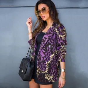 Women Fashion Graphic Printed Lapel Long Sleeve Blazer Coat