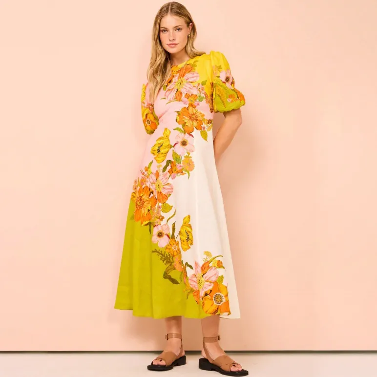 Summer Women Floral Printed Bubble Sleeve Oversize Dress
