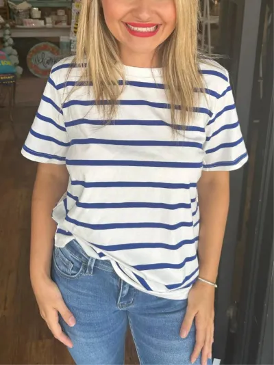 Women Casual Stripe Round Neck Short Sleeve T-Shirt