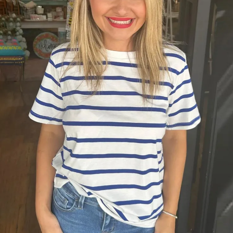 Women Casual Stripe Round Neck Short Sleeve T-Shirt