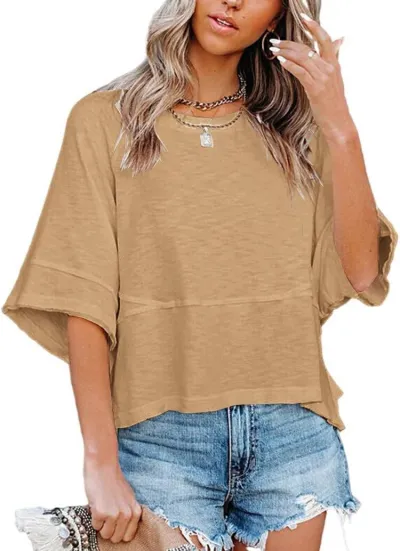 Summer Women Casual Solid Color Round Neck Short Sleeve Horn Sleeve T-Shirt