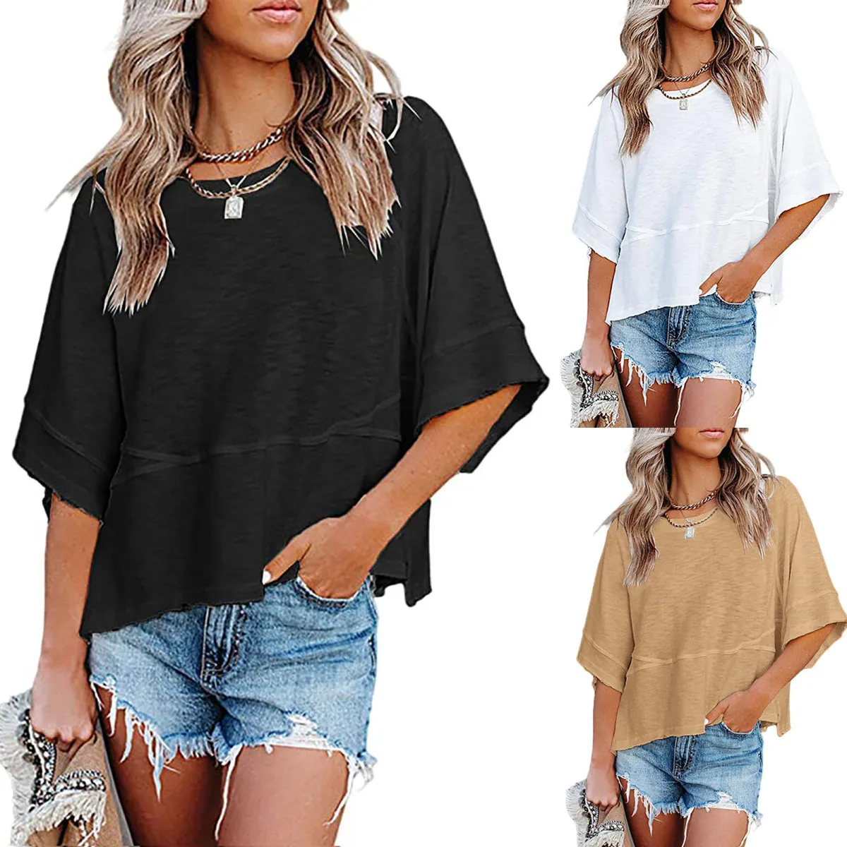 Summer Women Casual Solid Color Round Neck Short Sleeve Horn Sleeve T-Shirt