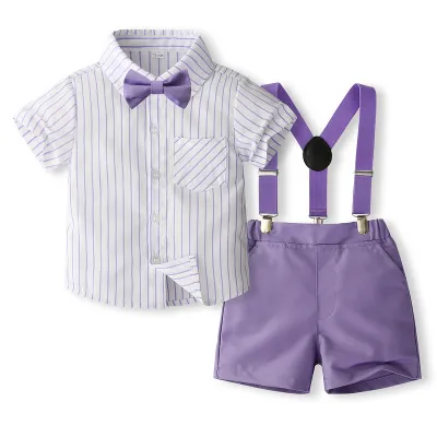 Kids Toddler Boys Party Casual British Style Bow Stripe Print Short Sleeve Shirt Shorts Set