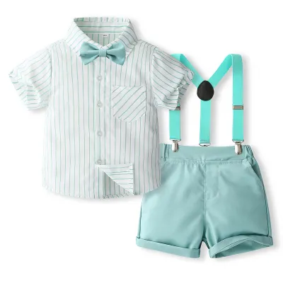 Kids Toddler Boys Party Casual British Style Bow Stripe Print Short Sleeve Shirt Shorts Set