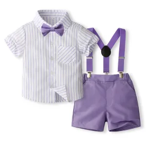 Kids Toddler Boys Party Casual British Style Bow Stripe Print Short Sleeve Shirt Shorts Set