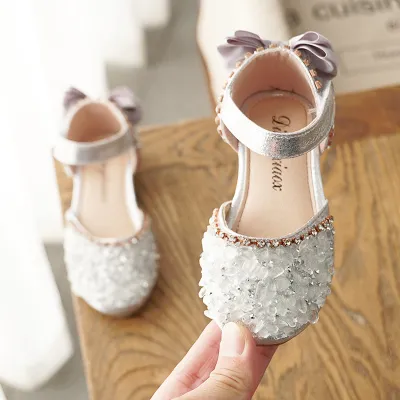 Kids Girls Casual Cute Tiny Flower Rhinestone Bow Velcro Flat Shoes with PU Upper and Rubber Sole