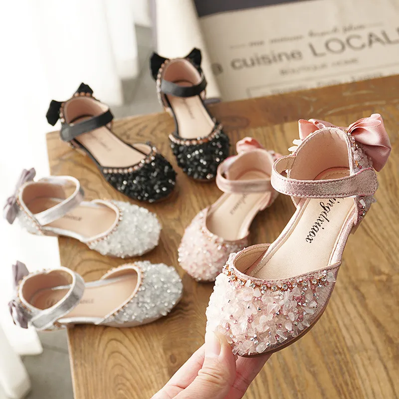 Kids Girls Casual Cute Tiny Flower Rhinestone Bow Velcro Flat Shoes with PU Upper and Rubber Sole