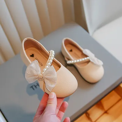 Kids Girls Casual Cute Square-Toe Bow Pearls Flat Slip On Shoes