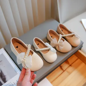 Kids Girls Casual Cute Square-Toe Bow Pearls Flat Slip On Shoes