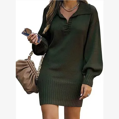 Autumn Winter Women Fashion Solid Color Lapel Long Sleeve Knitted Dress