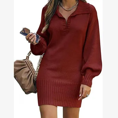 Autumn Winter Women Fashion Solid Color Lapel Long Sleeve Knitted Dress