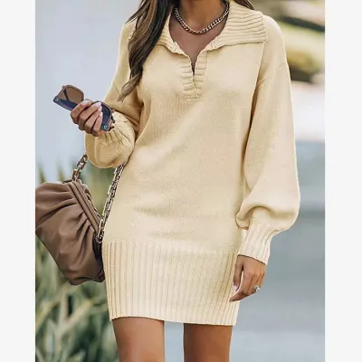 Autumn Winter Women Fashion Solid Color Lapel Long Sleeve Knitted Dress