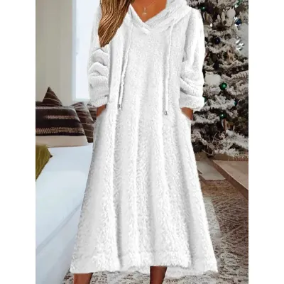 Autumn Winter Women Fashion Loose Solid Color Plush Long Sleeve Hooded Dress