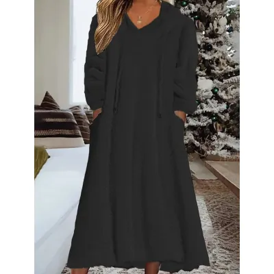 Autumn Winter Women Fashion Loose Solid Color Plush Long Sleeve Hooded Dress