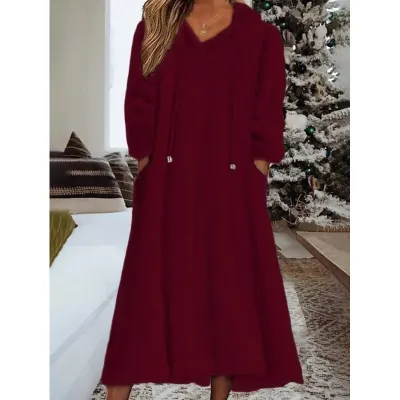 Autumn Winter Women Fashion Loose Solid Color Plush Long Sleeve Hooded Dress