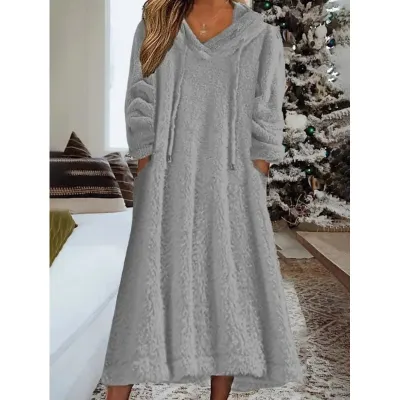 Autumn Winter Women Fashion Loose Solid Color Plush Long Sleeve Hooded Dress