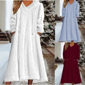 Autumn Winter Women Fashion Loose Solid Color Plush Long Sleeve Hooded Dress