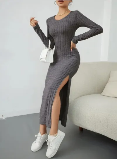 Autumn Winter Women Fashion Solid Color Round Neck Long Sleeve Split Knitted Pullover Dress