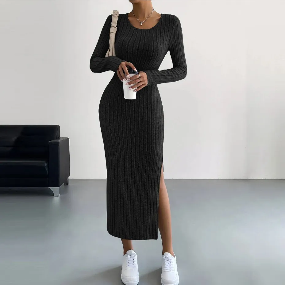 Autumn Winter Women Fashion Solid Color Round Neck Long Sleeve Split Knitted Pullover Dress