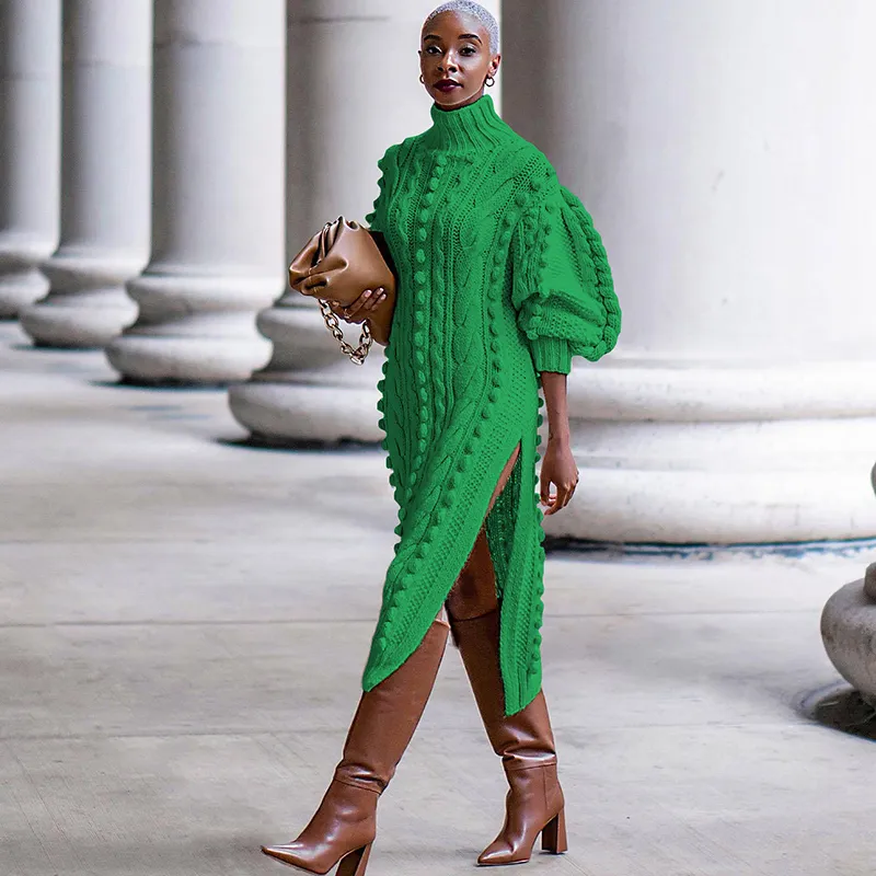 Autumn Winter Women Fashion Casual Solid Color High Neck Long Sleeve Split Knitted Midi Dress