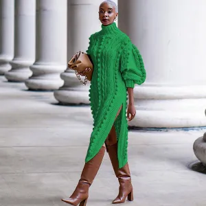 Autumn Winter Women Fashion Casual Solid Color High Neck Long Sleeve Split Knitted Midi Dress