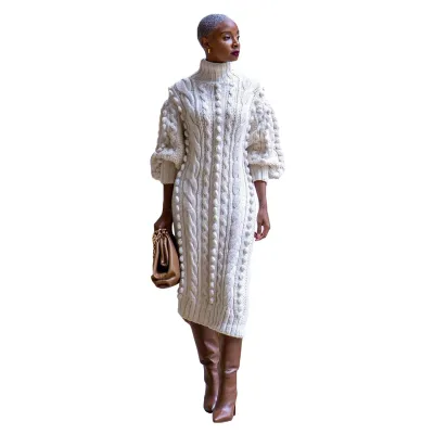 Autumn Winter Women Fashion Casual Solid Color High Neck Long Sleeve Split Knitted Midi Dress