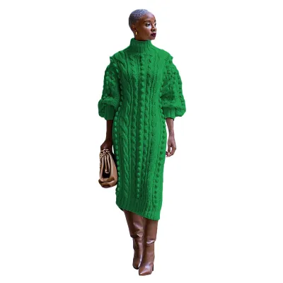 Autumn Winter Women Fashion Casual Solid Color High Neck Long Sleeve Split Knitted Midi Dress