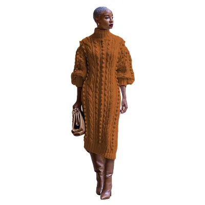 Autumn Winter Women Fashion Casual Solid Color High Neck Long Sleeve Split Knitted Midi Dress