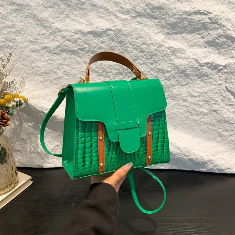 Women Fashion Crocodile Pattern Square PU Handle Shoulder Bag Tote