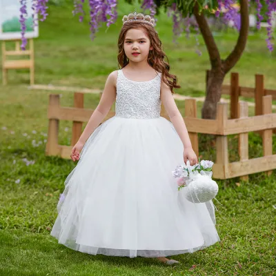 Kids Toddler Big Girls Casual Party Tiny Flower Mesh Bow Sleeveless Tutu Dress