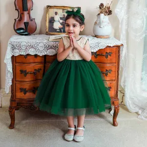 Kids Girls Casual Party Colorblock Sequins Mesh Bow Sleeveless Tutu Dress Princess Style