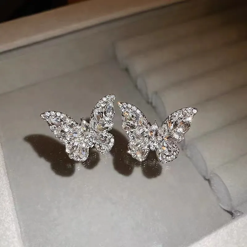 Women Fashion Simple Butterfly Rhinestone Metal Earrings