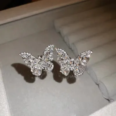 Women Fashion Simple Butterfly Rhinestone Metal Earrings