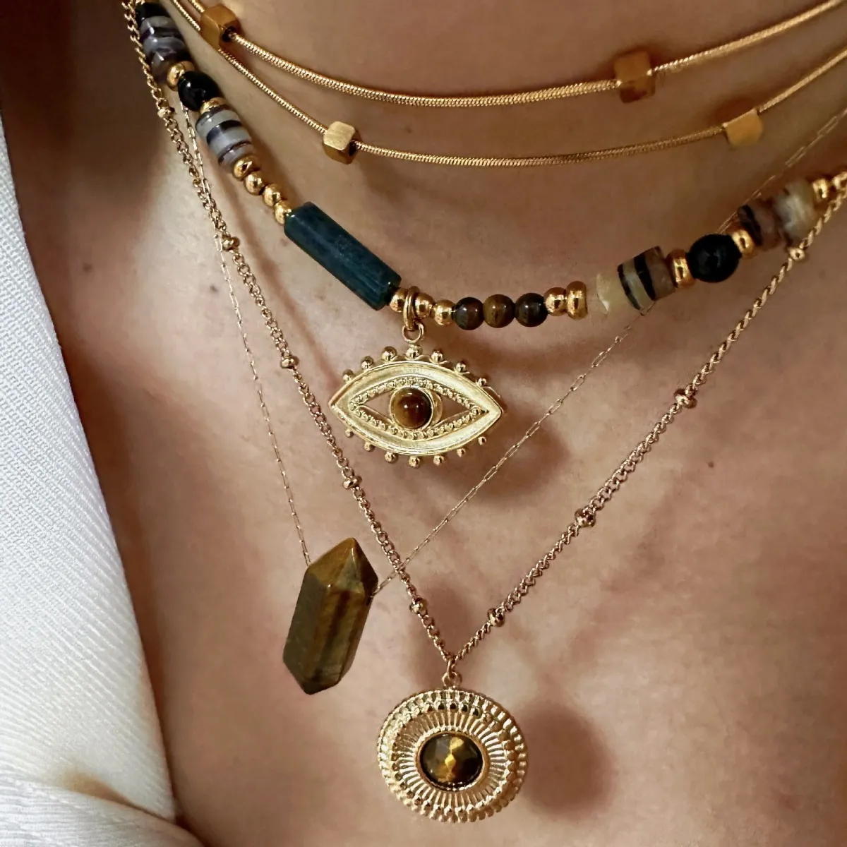 Women Simple Creative Tiger Eye Stone Bullet Pendant Stainless Steel Necklace