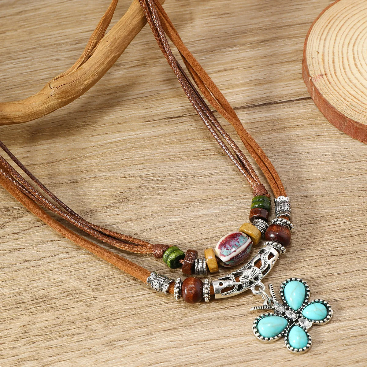 Women Fashion Wax Line Beaded Wood Butterfly Pendant Necklace