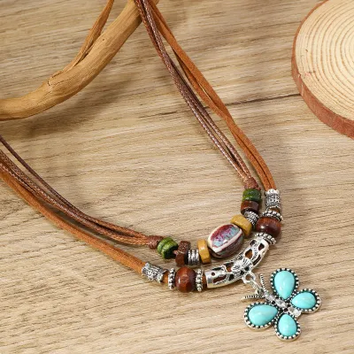 Women Fashion Wax Line Beaded Wood Butterfly Pendant Necklace