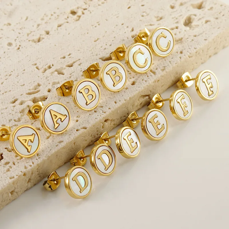 Fashion Stainless Steel Letter Alphabet Shell Stud Earrings